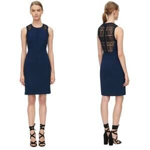 Rebecca Taylor Sleeveless Navy Shift Dress With Lace Insert Size 4. NEW